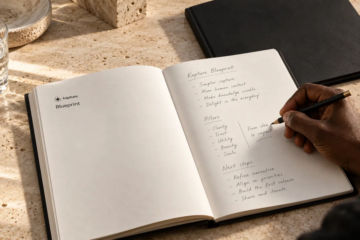 AI-generated photograph of a Kapture Blueprint notebook being written in