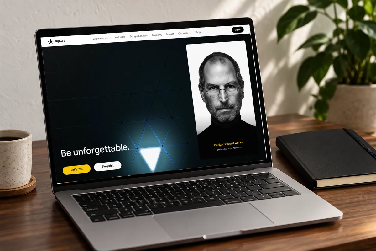 AI-generated photograph of a laptop on a desk showing the Kapture home page