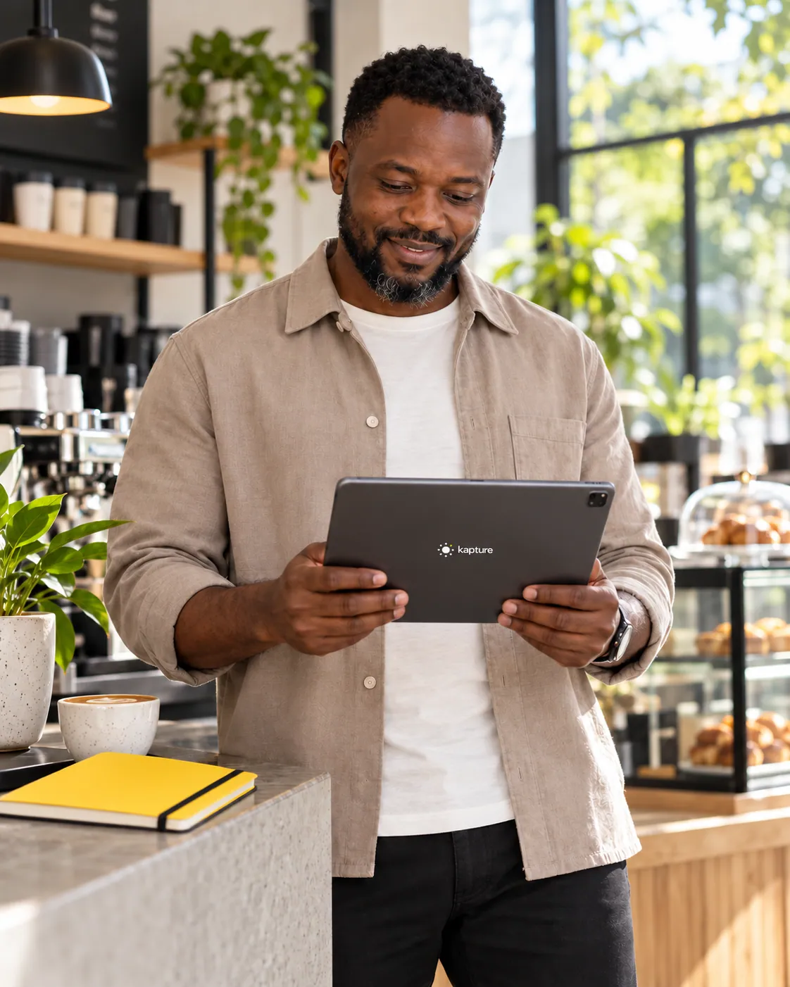 AI-generated photograph of a café owner checking her business on a Kapture tablet