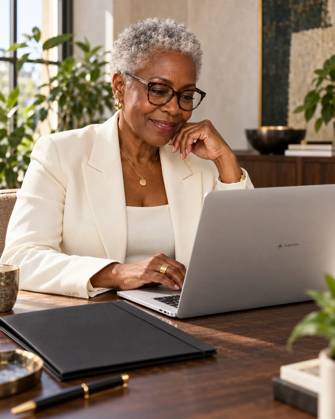 AI-generated photograph of a businesswoman in her seventies working at her laptop