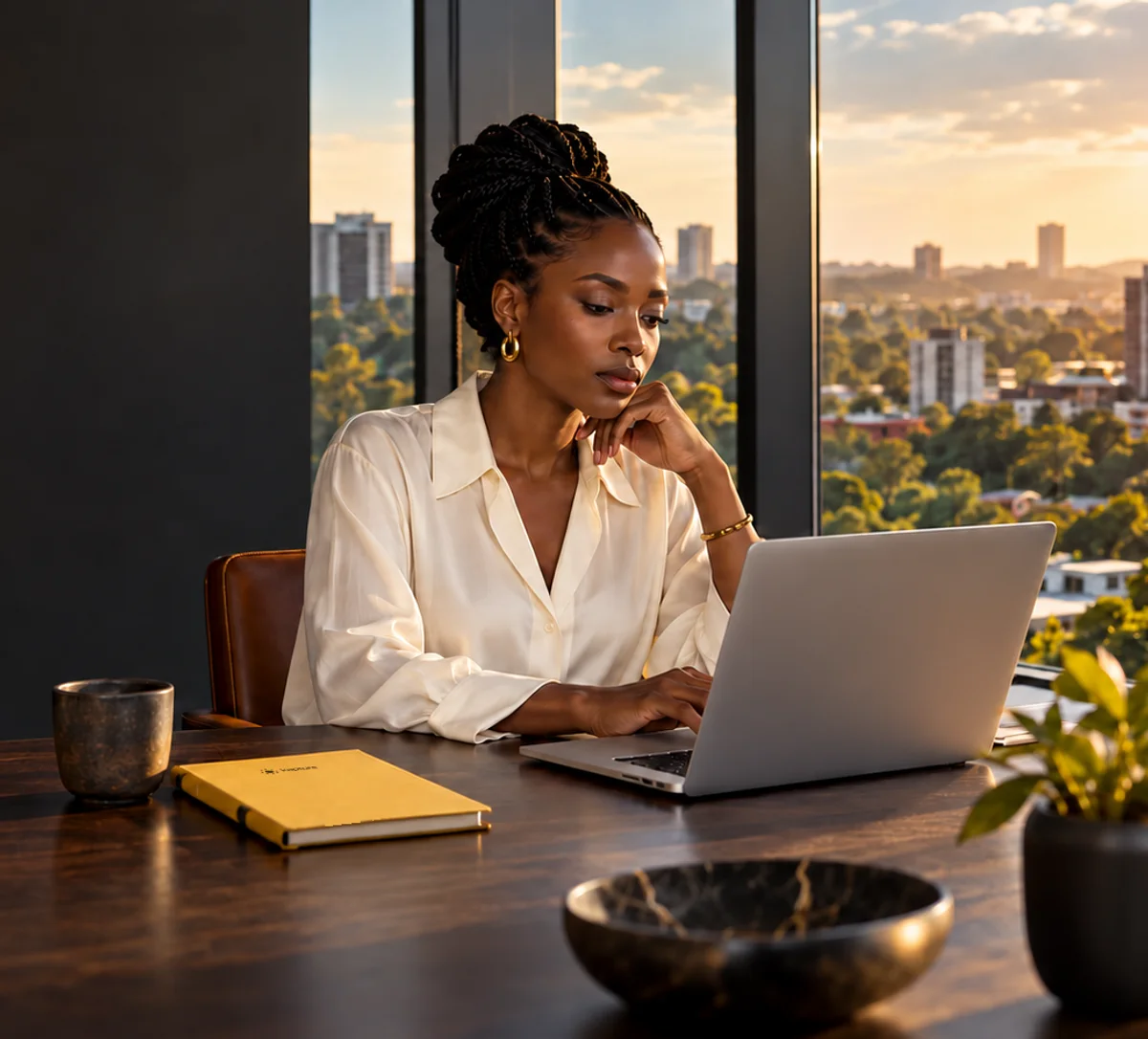 AI-generated photograph of a founder at her laptop, with a small Kapture notebook on the desk