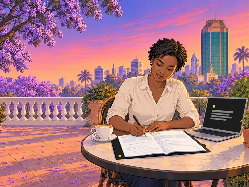 Illustration of a woman writing her plan in the Kapture Blueprint workbook on a Harare terrace