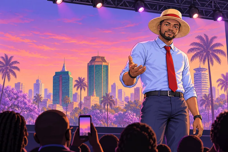 Illustration of Rodney Manyepa giving a keynote, the Harare skyline on the screen behind him