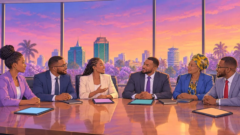 Illustration of a team of six talking around a boardroom table over Harare