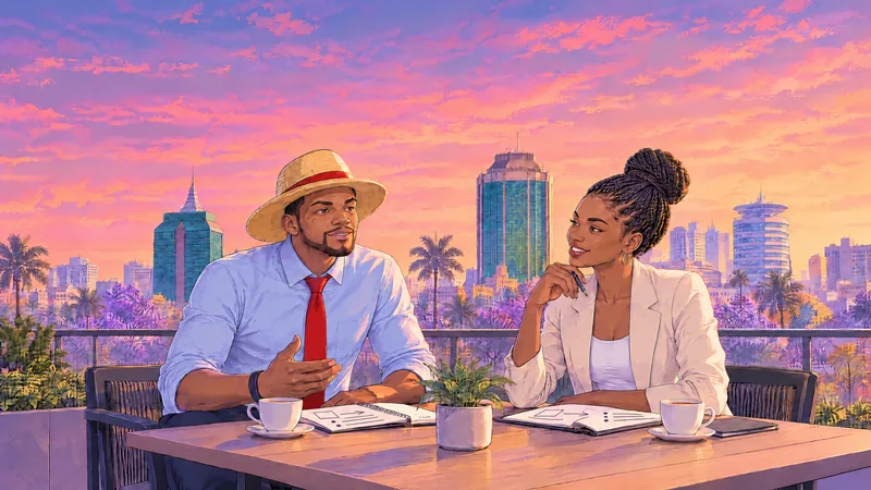 Illustration of Rodney Manyepa coaching a young professional at a terrace table in Harare