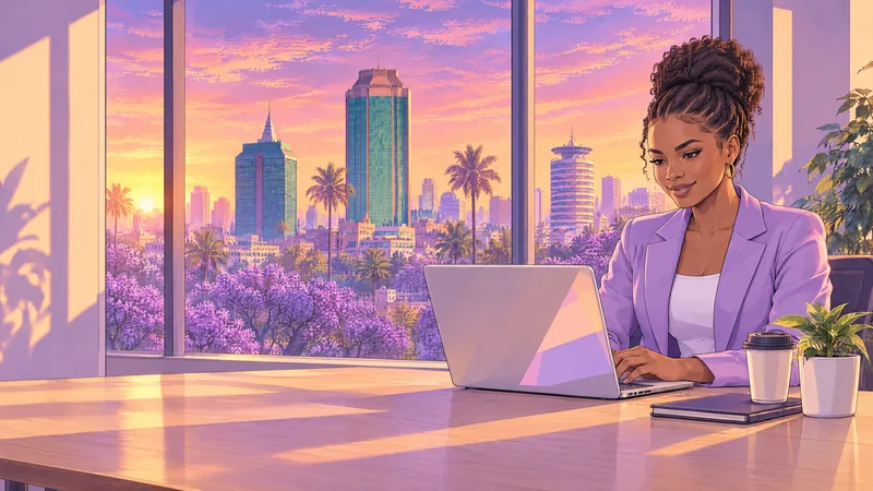 Illustration of a designer at work on her laptop in a Harare studio