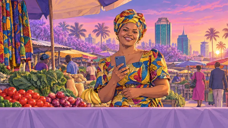 Illustration of a market trader smiling over her phone at a Harare market