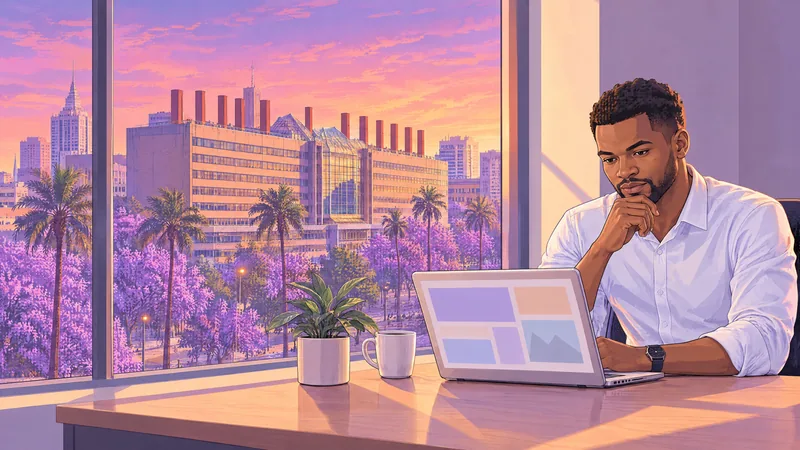 Illustration of a man reviewing a page layout on his laptop, Harare behind him