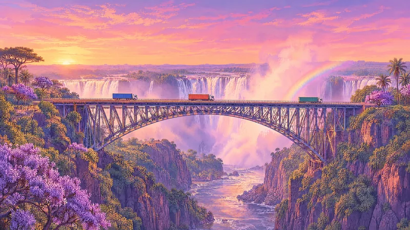 Illustration of the Victoria Falls Bridge at sunset, the falls behind it