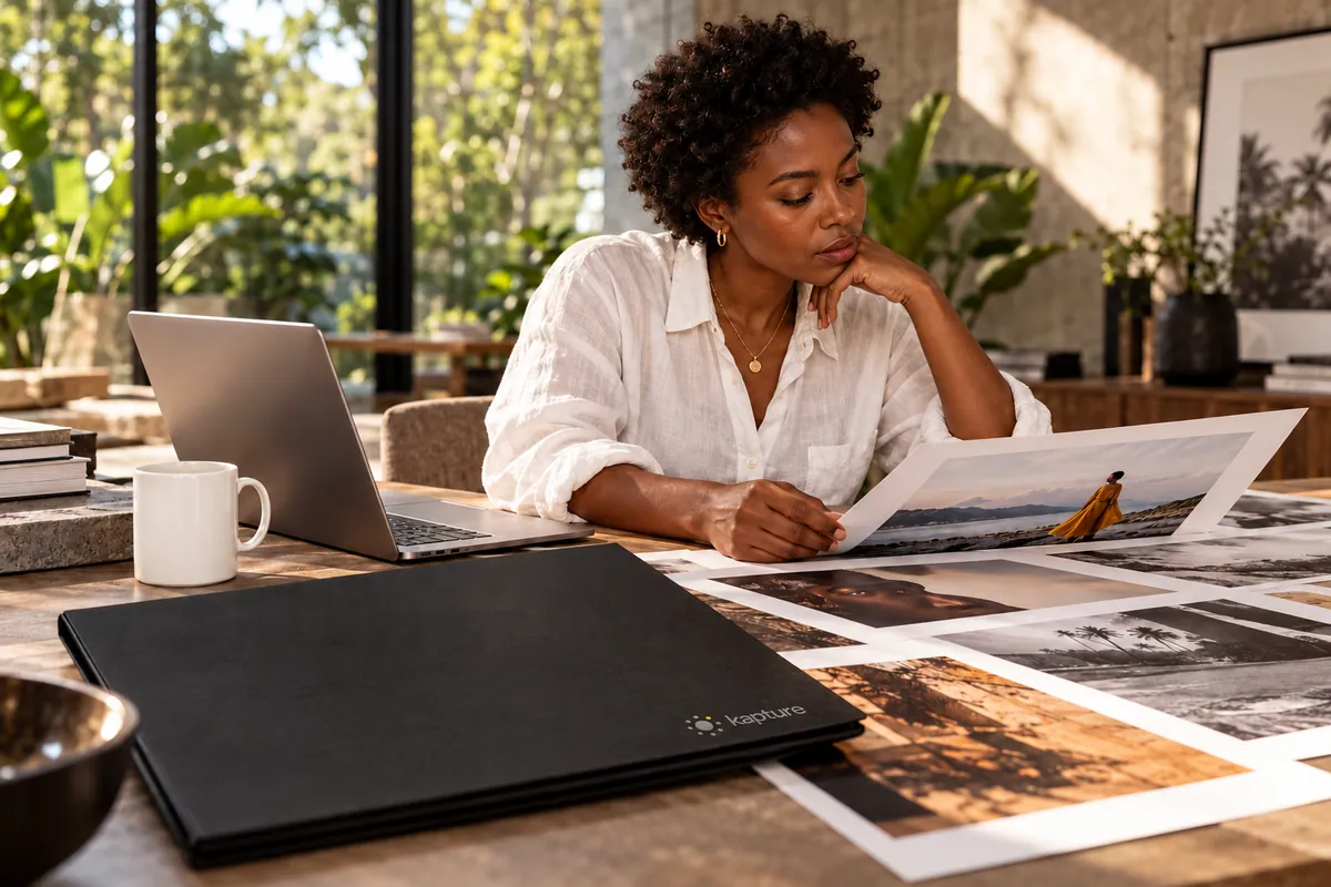 A creative reviewing photography prints for a campaign at her studio table