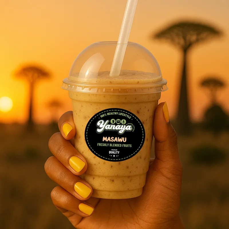Masawu smoothie held up against a baobab sunset