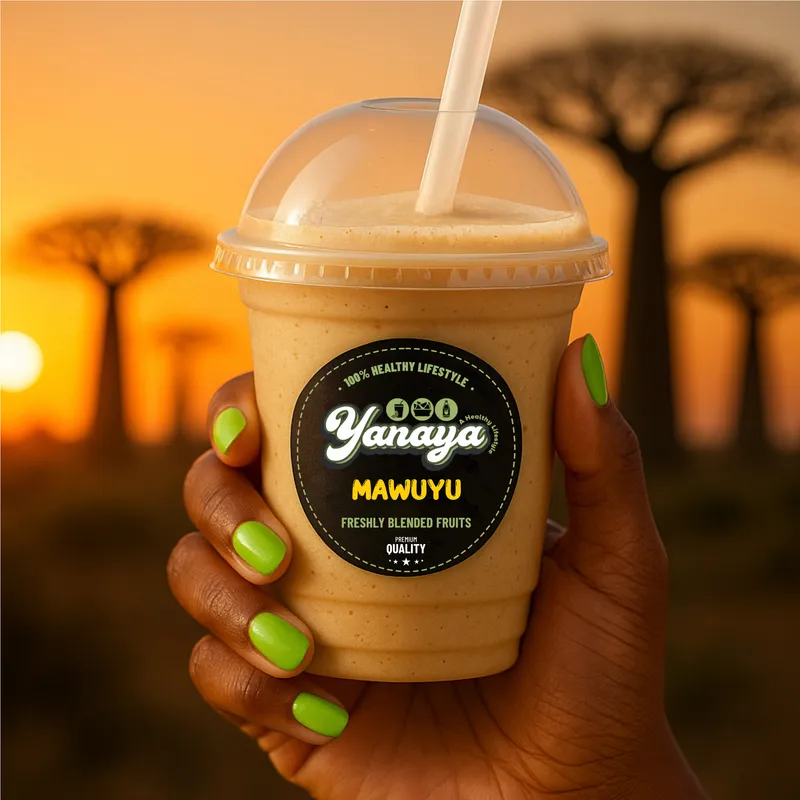 A Yanaya Mawuyu baobab smoothie held up against a baobab sunset