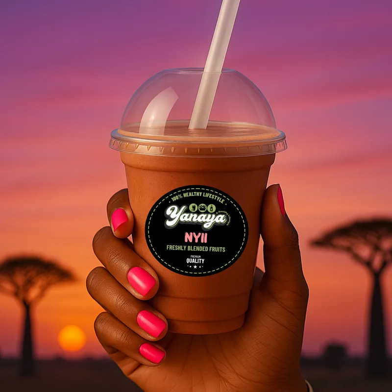 Nyii smoothie held up against a purple dusk