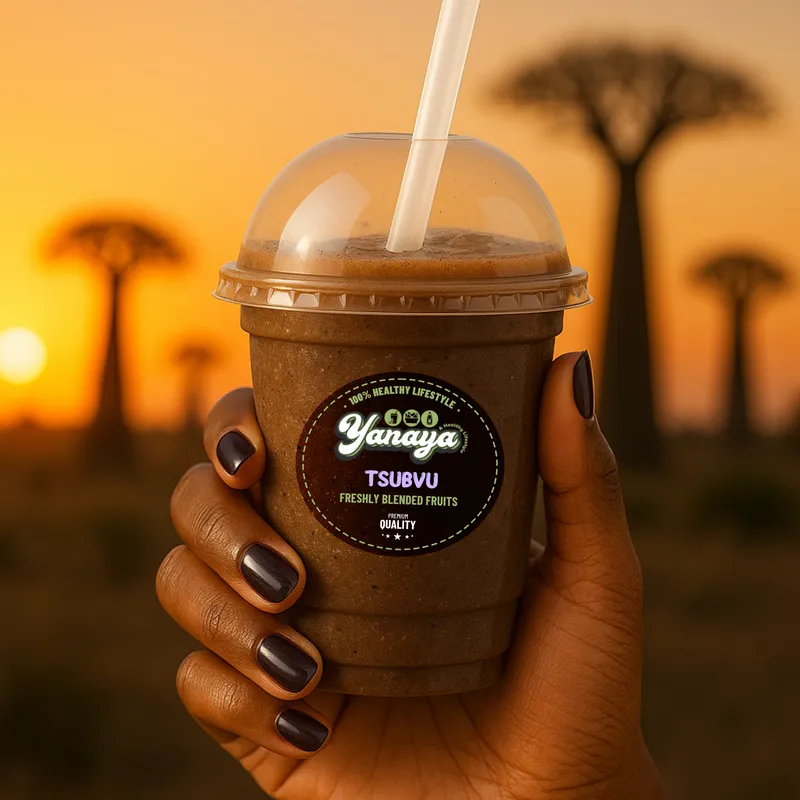 Tsubvu smoothie held up against a baobab sunset