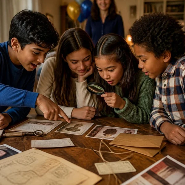 AI-generated photograph of four children studying clues together with a magnifying glass