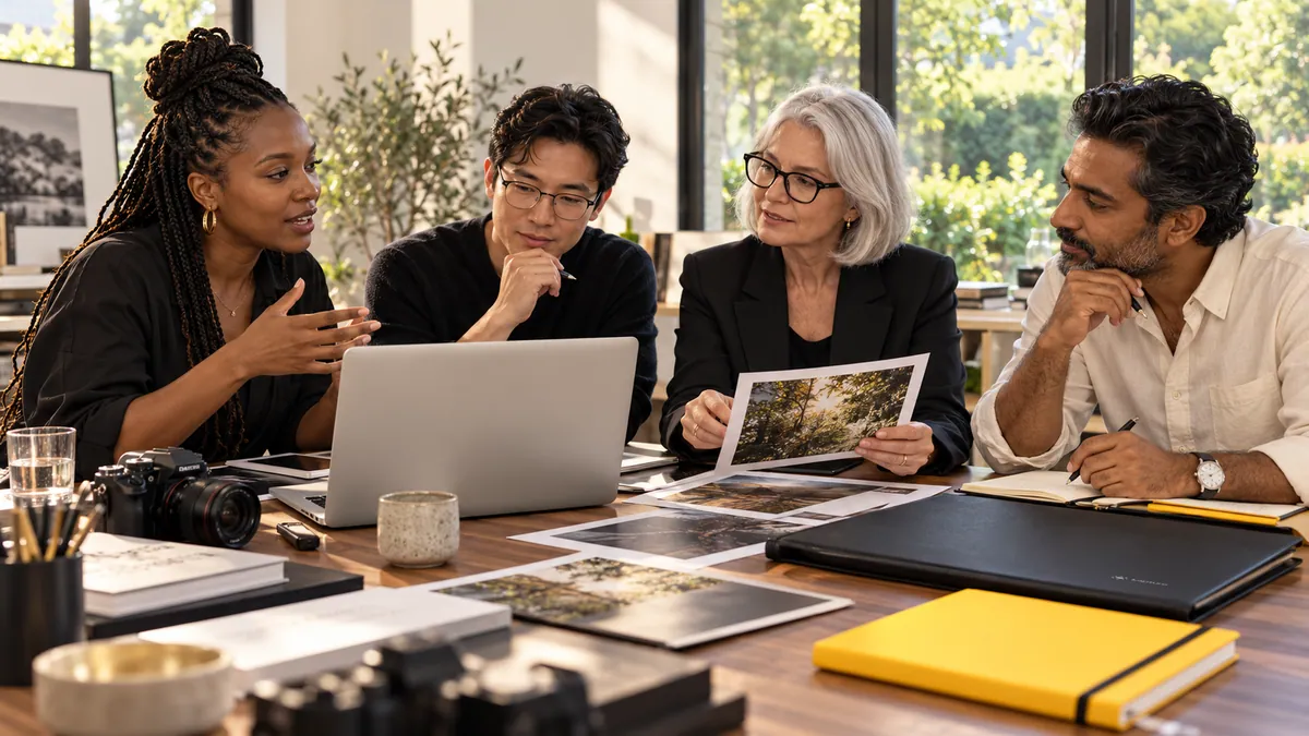 A diverse creative team reviewing brand photography together around a table